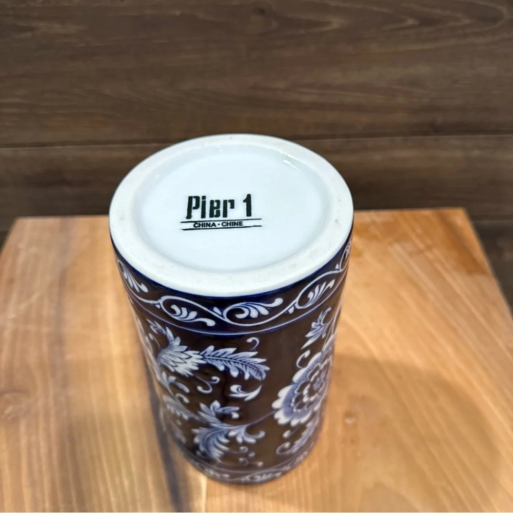 Pier 1 Navy and White Floral Ceramic Utensil holder/ Vase